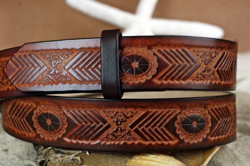 Chevron Embossed Leather Belt in Brown Antique Hand Dyed in Two Tone