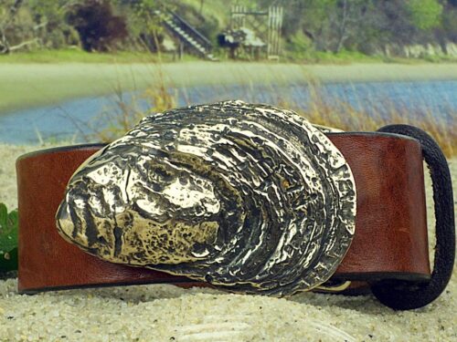 Artisan Handcrafted Cotuit Oyster Buckle Leather Belt in Solid Brass