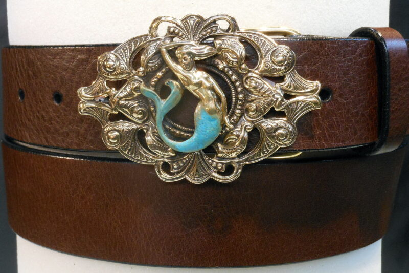 Small Mermaid Leather Belt in Solid Brass