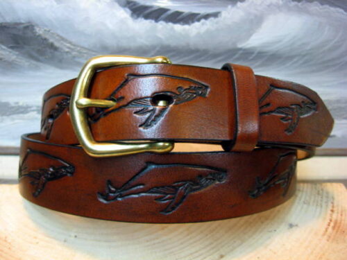 Humpback Whale Embossed Leather Belt in 1-1/4" Tan Antique Finish with Natural Brass Buckle