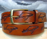 Humpback Whale Embossed Leather Belt in Tan Antique Finish with 1-3/8" Antique Brass Buckle