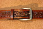 Celtic Knot Embossed Leather Belt in Antique Tan Finish with 1-1/2" Antique Silver Textured Roller Bar Buckle