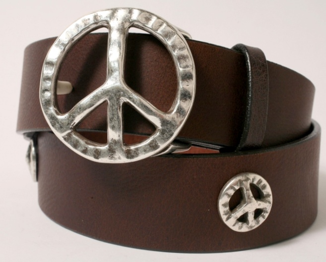 Peace Sign Concho Leather Belt in Med Brown