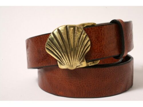 Wide Bay Scallop Shell Leather Belt in 1-1/2" Solid Brass