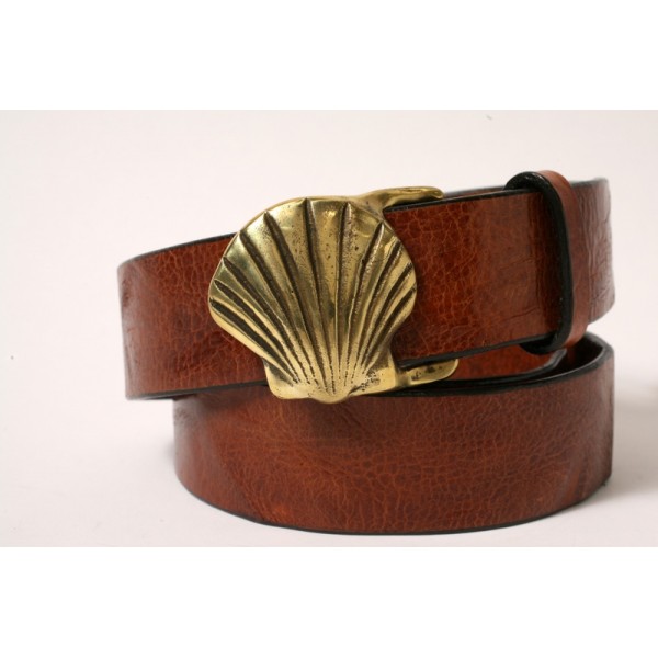 Wide Bay Scallop Shell Leather Belt in Solid Brass