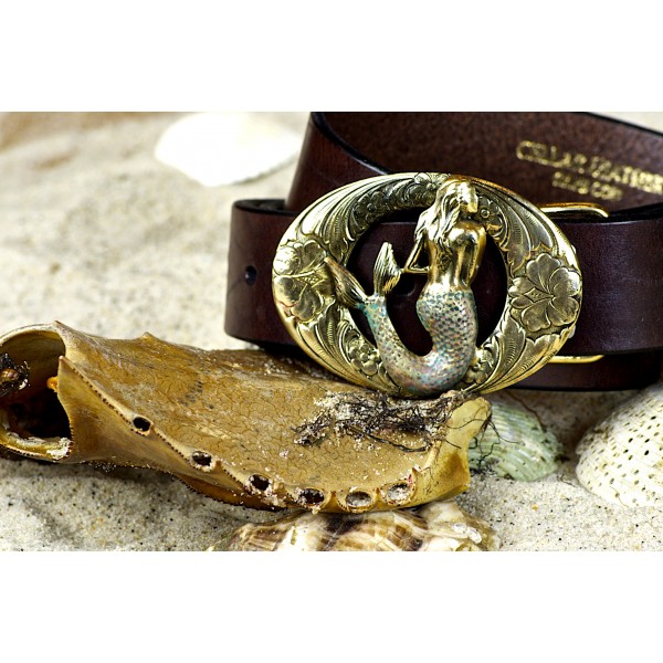 Mermaid Oval Leather Belt in Solid Brass