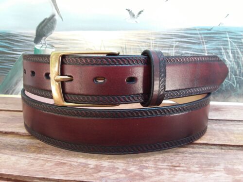 Rope Edge Embossed Leather Belt in Mahogany Antique Finish with 1-3/8" Antique Brass Buckle