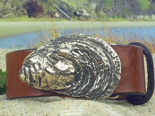 Cotuit Oyster Shell Leather Belt in Solid Brass