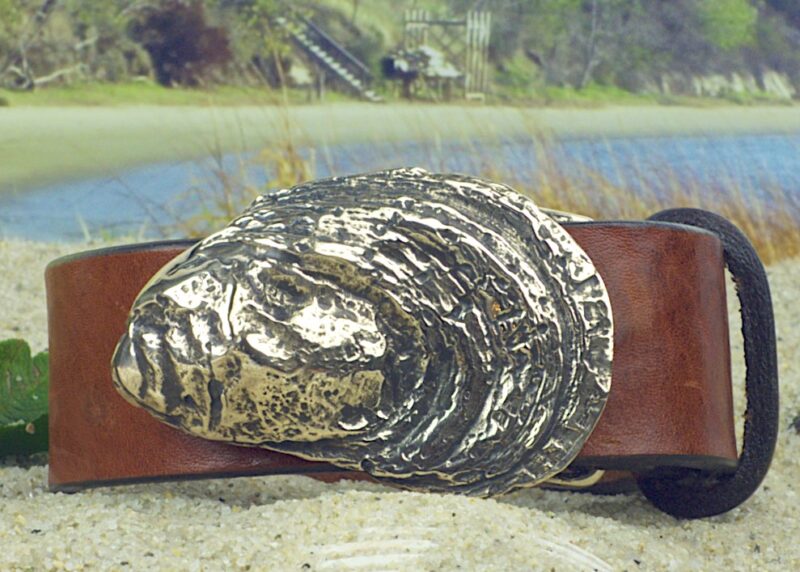 Cotuit Oyster Shell Leather Belt in Solid Brass