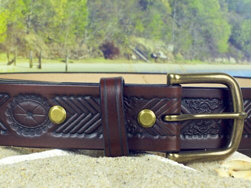 Chevron Embossed Leather Belt in Medium Brown Antique Finish with 1-1/2" Antique Brass Buckle