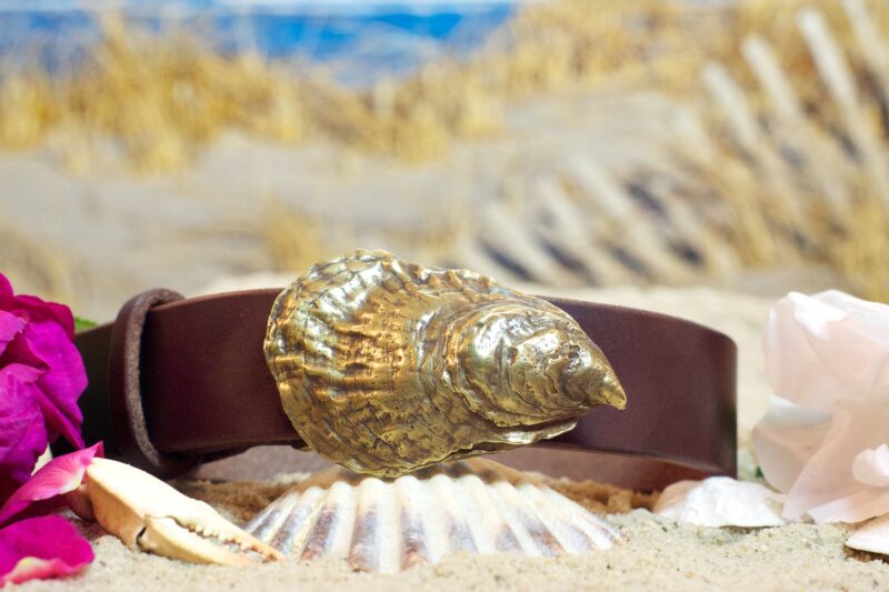 Nantucket Oyster Shell Leather Belt in Solid Brass