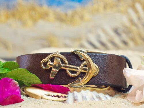 Anchor Leather Sailing Belt in Solid Brass