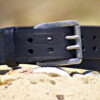 Double Prong Leather Belt in Boxer Black with 1-1/2" Antique Silver Messina Buckle