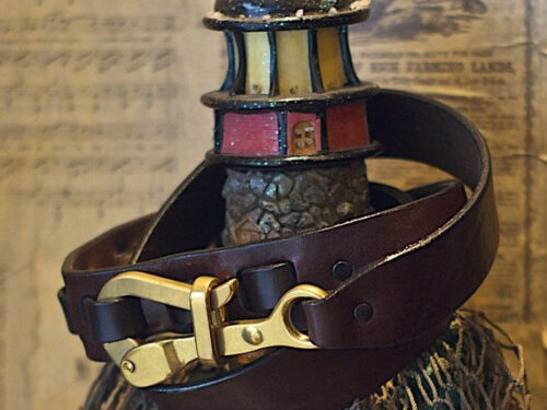 Pelican Hook Leather Sailing Belt on Dark Brown Bridle with Brass Hook