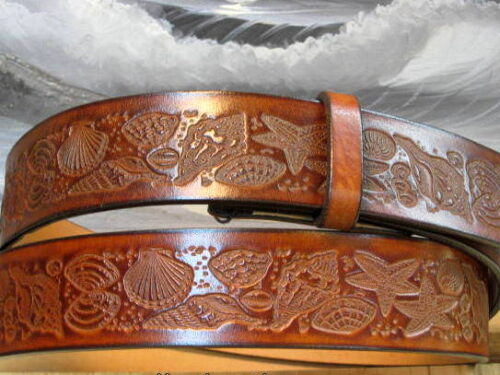 Seashell Collage Embossed Leather Belt in 1-1/2" Tan Antique Hand Dye