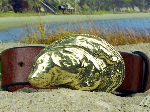 Eastern Atlantic Oyster Shell Leather Belt in Solid Brass