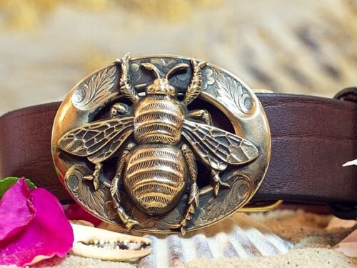 Artisan Handcrafted Honey Bee Leather Belt in Boxer Brown Leather with Large Honey Bee Buckle in Solid Brass