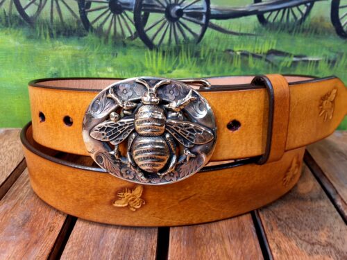 Large Honey Bee Leather Belt on Antique Hand Dyed Sunshine Yellow with Solid Brass Buckle