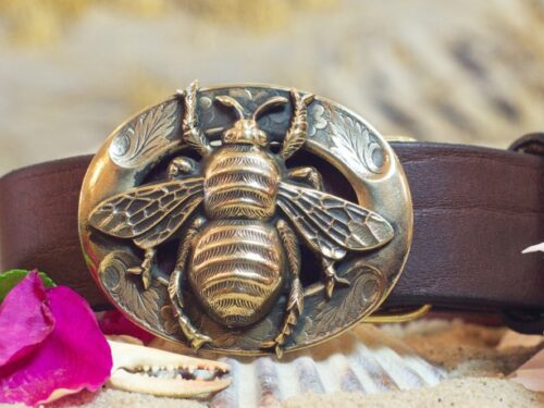 Honey Bee Leather Belt in Boxer Brown and Large Bee in Solid Brass