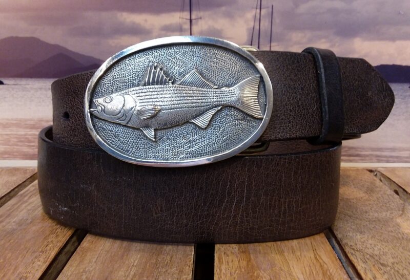 Striped Bass Leather Belt in Brown Vintage Glazed and White Bronze Silver with Oval Border
