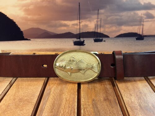 Striped Bass Leather Belt on Walnut Bridle with Solid Brass Oval Border Buckle