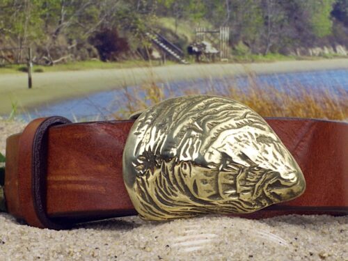 Wellfleet Oyster Shell Leather Belt in Solid Brass