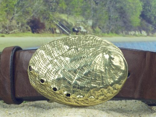 California Abalone Shell Leather Belt in Solid Brass