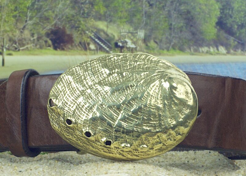 California Abalone Shell Leather Belt in Solid Brass