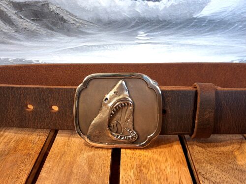 Jaws Shark Leather Belt in Distressed Brown with 1-1/2" Red Bronze Buckle