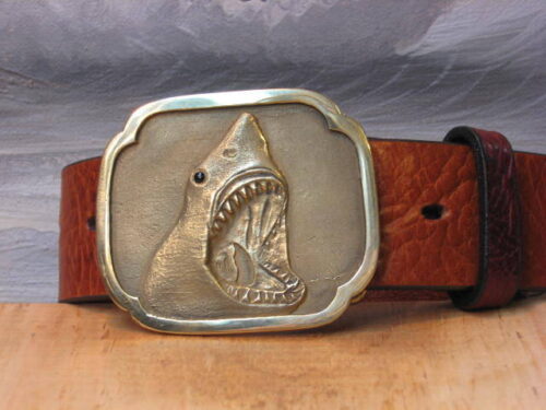 Jaws Shark Leather Belt in Solid Brass
