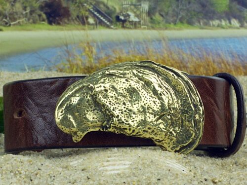 Gulf Coast Oyster Shell Leather Belt in Solid Brass