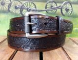 Eagle Embossed Leather Belt in Medium Brown Antique Finish with 1-1/2" Textured Antique Silver Roller Bar Buckle