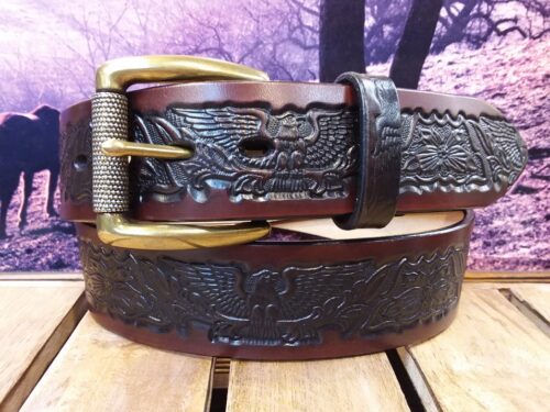 Eagle Embossed Leather Belt in Antique Mahogany Finish with 1-1/2" Textured Roller Bar Buckle