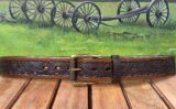 Eagle Embossed Leather Belt in Medium Brown Antique Finish with 1-1/2" Textured Roller Bar Buckle