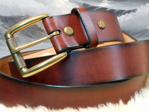 Tan Antique Hand Dye Leather Belt with Antique Brass Roller Buckle