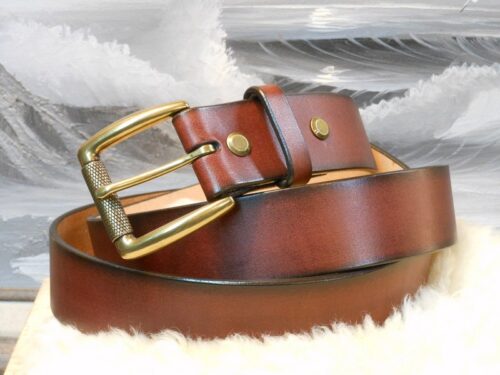 Tan Antique Hand Dye Leather Belt in 1-1/2" with Antique Brass Textured Roller Bar Buckle