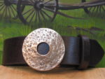 Hammered Wheel Belt Buckle on Dark Brown Aztec with Red Bronze