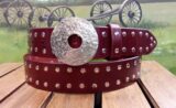 Hammered Wheel Double Rivet Belt in Esquire Mahogany with White Bronze Silver Hammered Wheel Buckle
