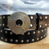 Hammered Wheel Leather Rivet Belt on Black Esquire with White Bronze Silver Buckle