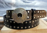 Hammered Wheel Leather Rivet Belt on Black Esquire with White Bronze Silver Buckle