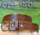 Steampunk Gears Embossed Leather Belt in Tan Antique Finish with 1-1/2" Natural Brass Buckle