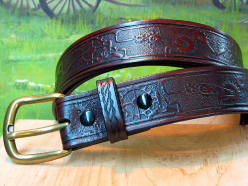 Steampunk Gears Embossed Leather Belt in Mahogany Antique Finish with 1-3/8" Antique Brass Buckle