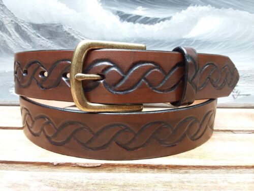 Rope Embossed Leather Belt in Medium Brown Antique Finish with 1-3/8" Antique Brass Buckle