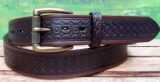 Geometric Leather Belt #1 in Medium Brown Antique Finish with 1-1/2" Antique Brass Textured Roller Bar Buckle