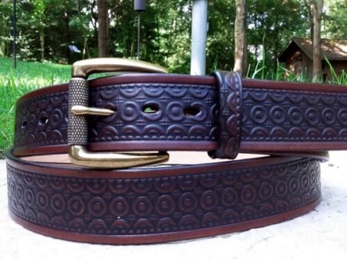 Geometric Embossed Leather Belt #1 in Mahogany Antique Finish with 1-1/2" Antique Brass Textured Roller Bar Buckle