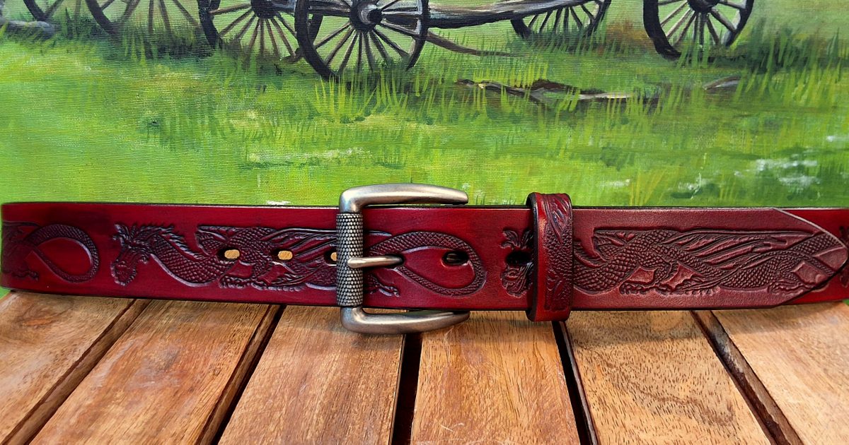Cortland Red Dragon Embossed Leather Belt in Antique Red Finish Rub with 1-1/2" Antique Silver Texture Roller Bar Buckle