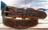 Dragon Embossed Leather Belt in Tan Antique Finish with 1-1/2" Antique Brass Textured Roller Bar Buckle