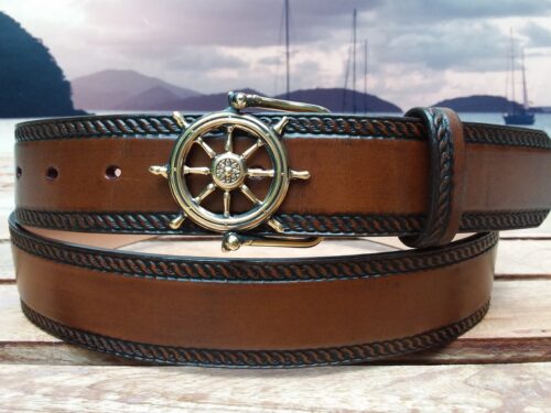 Ships Wheel Rope Edge Leather Belt in Tan Antique Finish