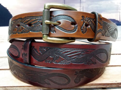 Dragon Leather Belts in Tan Antique and Mahogany Antique Finish with 1-1/2" Textured Roller Bar Buckle