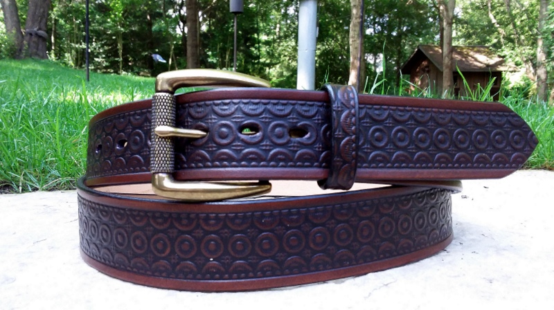 Geometric Leather Belt in Antique Med Brown Finish with Antique Brass Roller Buckle